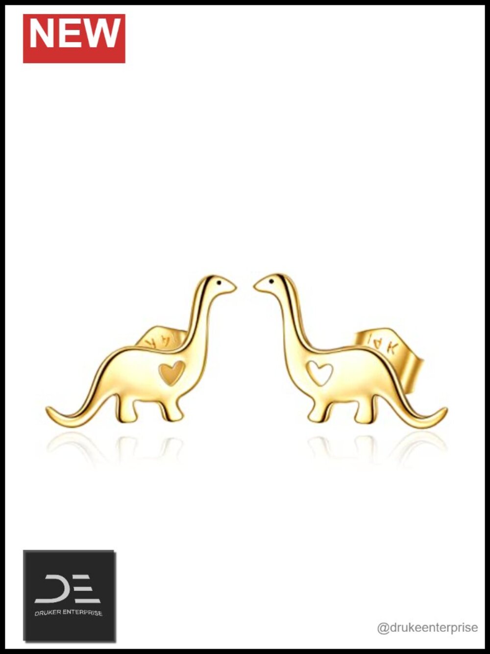 14k Gold Dinosaur Stud Earrings Brontosaurus Heart Jewelry Gift